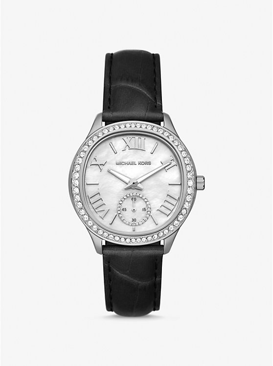 Women Michael Kors Sage Pavé Silver-Tone and Crocodile Embossed Leather Watches Black | BNOFUP-964