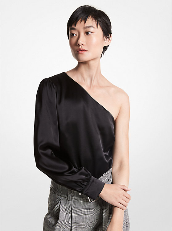 Women Michael Kors Satin One-Shoulder Tops Black | YVXRQN-103