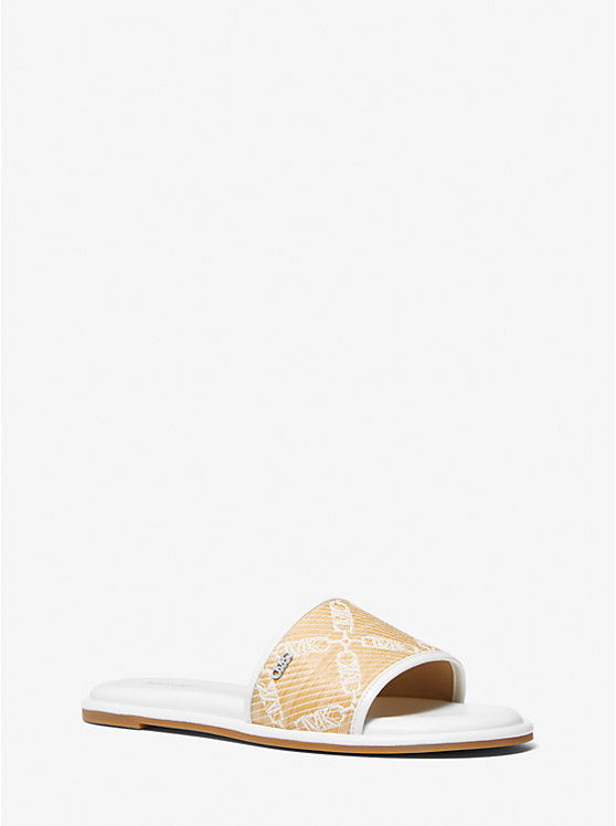 Women Michael Kors Saylor Empire Logo Jacquard Straw Slide Sandals White | CHJUDW-673