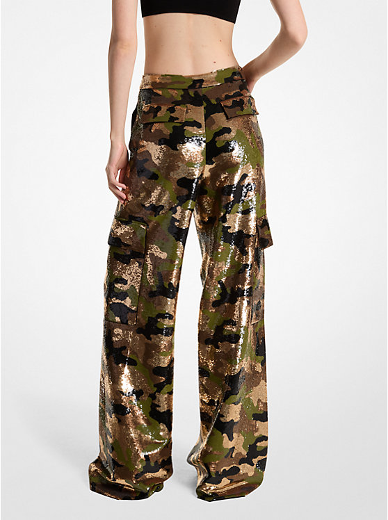 Women Michael Kors Sequined Camouflage Wide-Leg Cargo Pants Dark Brown | XJMYHW-951