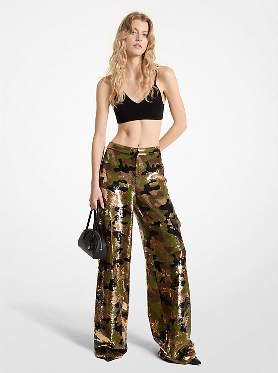 Women Michael Kors Sequined Camouflage Wide-Leg Cargo Pants Dark Brown | XJMYHW-951