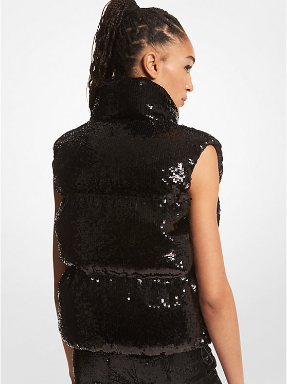 Women Michael Kors Sequined Ciré Quilted Puffer Vest Black | TRNXQZ-283