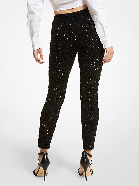 Women Michael Kors Sequined Stretch Mesh Leggings Black | WPEGOS-041