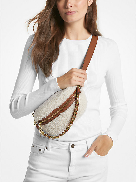 Women Michael Kors Slater Extra-Small Shearling Sling Pack Crossbody Bags Beige | DEOSZH-596