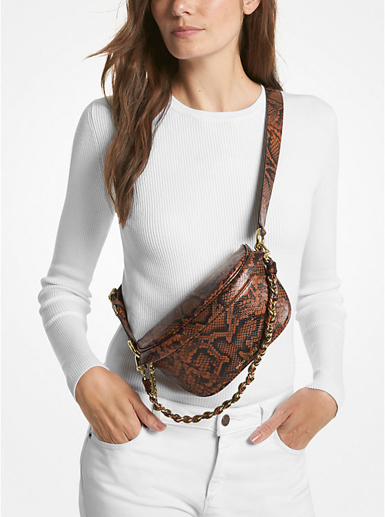 Women Michael Kors Slater Extra-Small Snake Embossed Leather Sling Pack Crossbody Bags Brown | AKQDWI-048