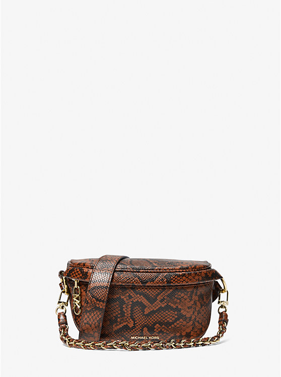 Women Michael Kors Slater Extra-Small Snake Embossed Leather Sling Pack Crossbody Bags Brown | AKQDWI-048