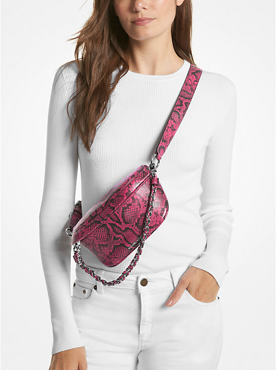 Women Michael Kors Slater Extra-Small Snake Embossed Leather Sling Pack Crossbody Bags Deep Fuchsia | YATZRE-461