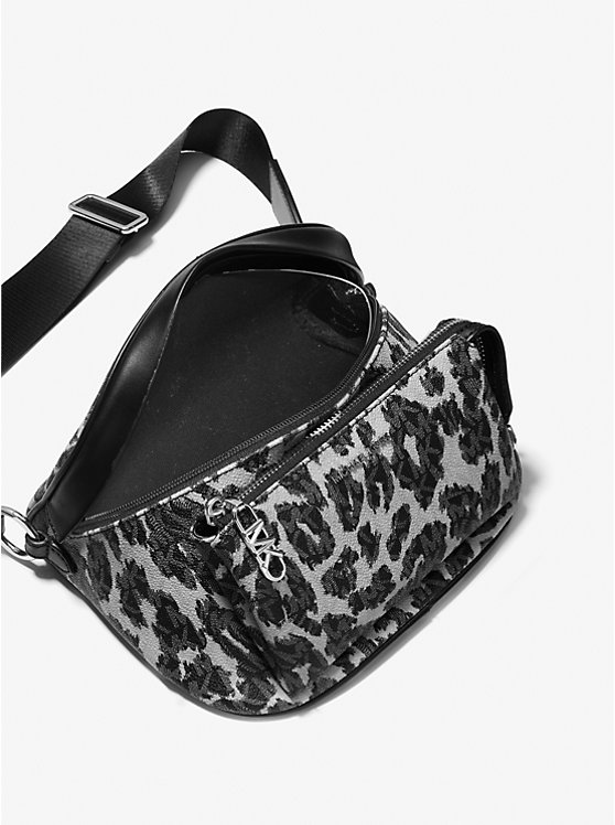 Women Michael Kors Slater Medium Leopard Logo Sling Pack Shoulder Bags Black | PSUQRH-860