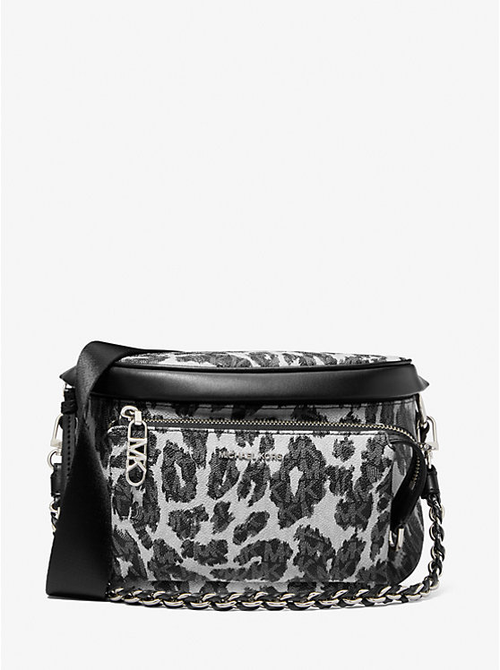 Women Michael Kors Slater Medium Leopard Logo Sling Pack Shoulder Bags Black | PSUQRH-860