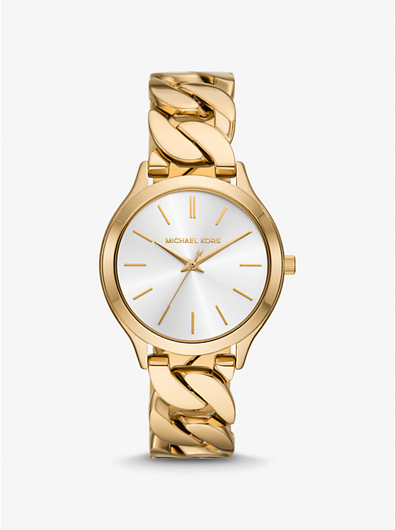 Women Michael Kors Slim Runway Gold-Tone Curb-Link Watches Gold | ZWBDRM-295