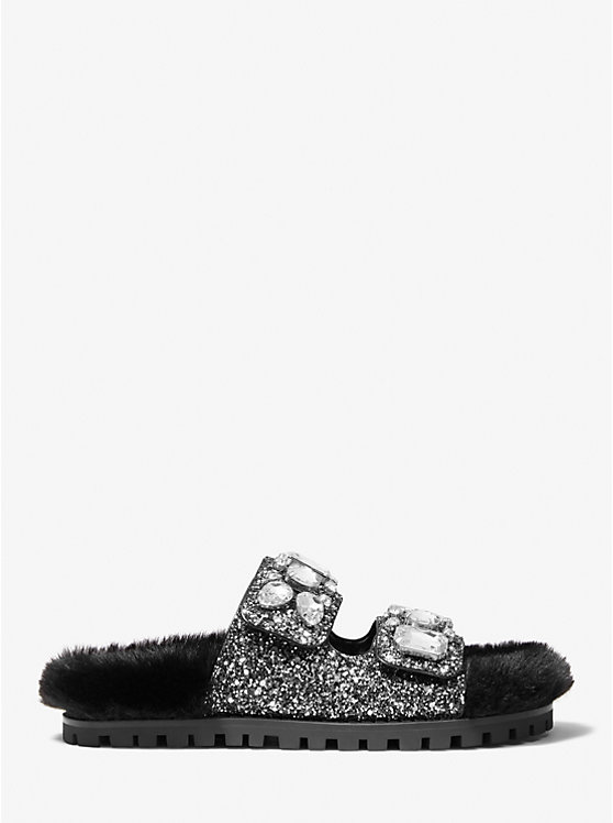 Women Michael Kors Stark Embellished Glitter and Faux Fur Slide Sandals Black / Silver | CZREDK-081