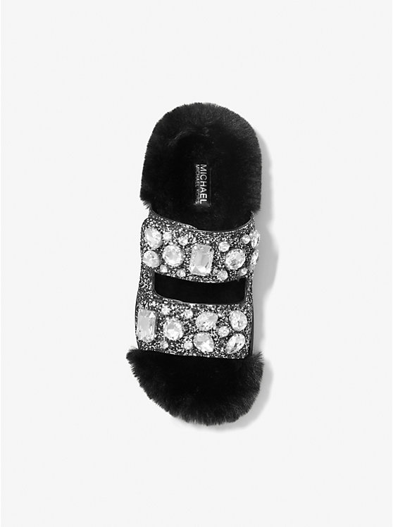 Women Michael Kors Stark Embellished Glitter and Faux Fur Slide Sandals Black / Silver | CZREDK-081