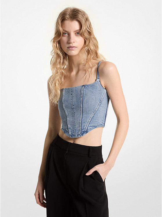 Women Michael Kors Stretch Denim Bustier Tops Blue Wash | ZXNAIM-825