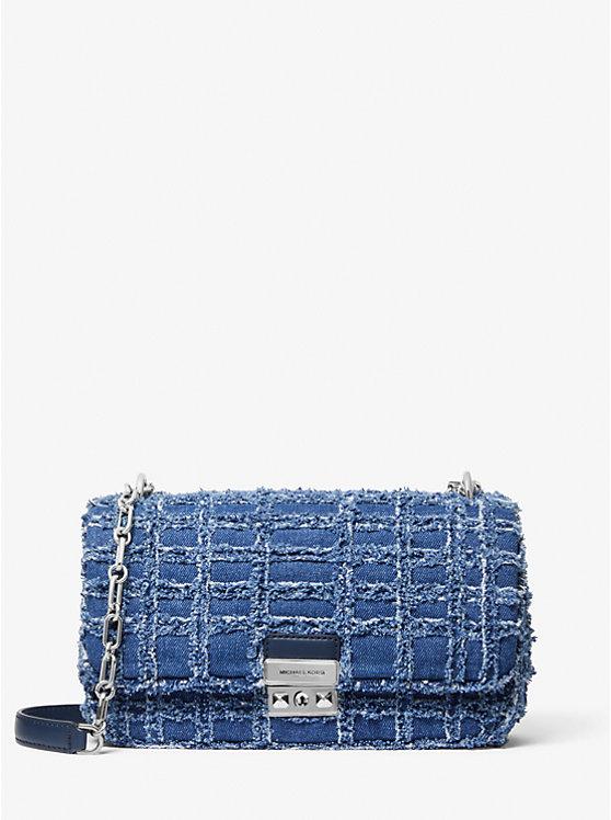 Women Michael Kors Tribeca Large Frayed Denim Shoulder Bags Blue | DHQNRV-845