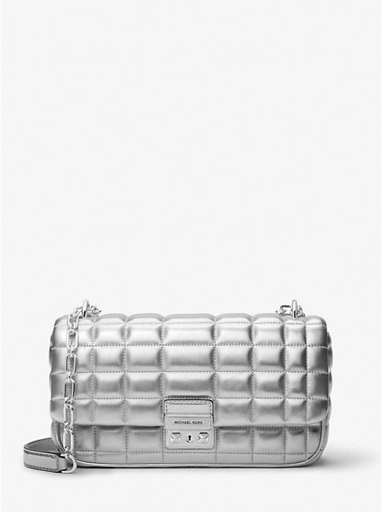 Women Michael Kors Tribeca Large Metallic Quilted Leather Shoulder Bags Silver | PKUGFA-520