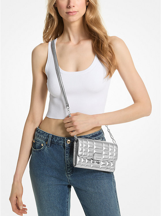 Women Michael Kors Tribeca Large Metallic Leather Convertible Crossbody Bags Silver | SOYZFM-469