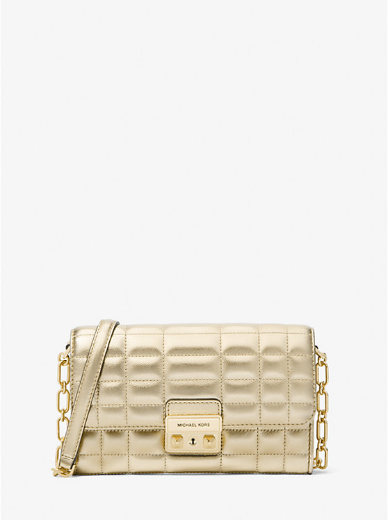 Women Michael Kors Tribeca Large Metallic Leather Convertible Crossbody Bags Gold | TNMYJP-153