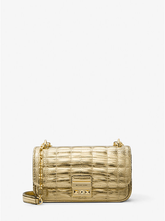 Women Michael Kors Tribeca Small Quilted Metallic Lizard Embossed Leather Shoulder Bags Gold | UYWTOV-359