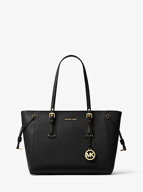 Women Michael Kors Voyager Medium Crossgrain Leather Tote Bag Black | IPDNHY-310