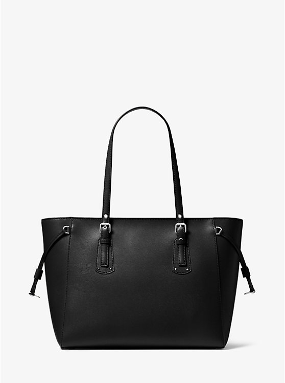 Women Michael Kors Voyager Medium Crossgrain Leather Tote Bag Black | SYRKMN-683